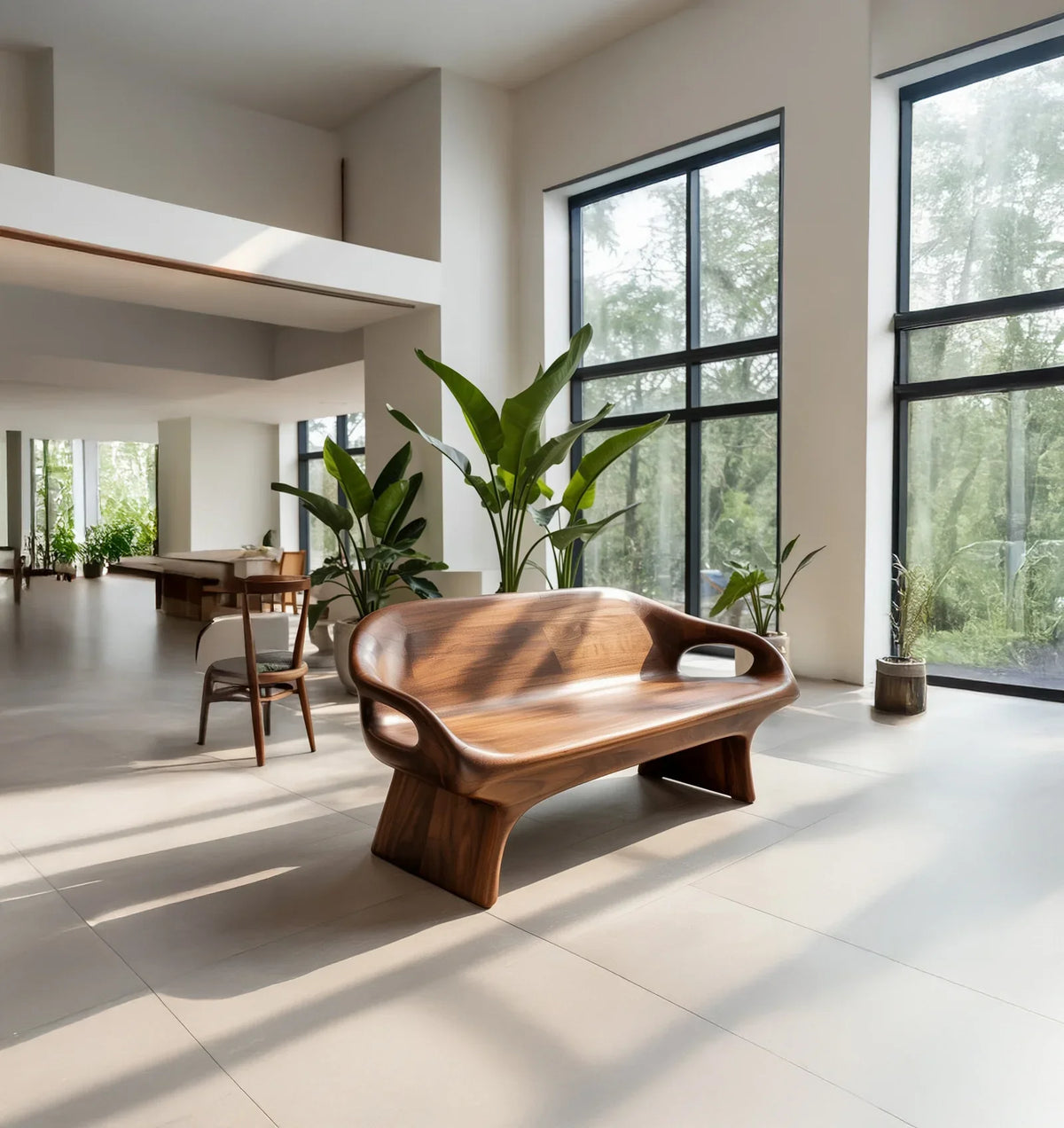 Spacious modern room with large windows, wooden bench, chair, and green indoor plants