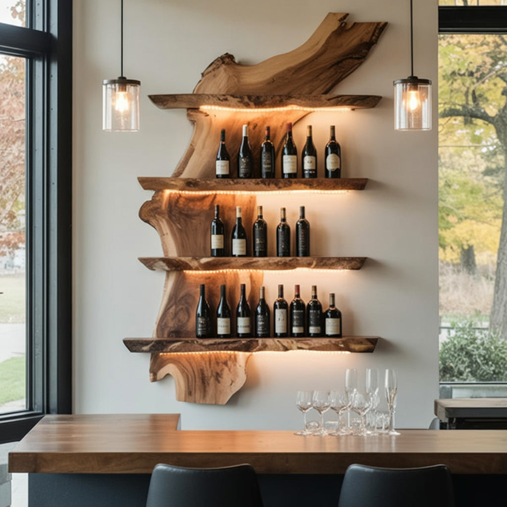 Handcrafted Live Edge Bar Shelf – Wooden Wall Bar, Rustic Floating Shelves for Home Bar Decor