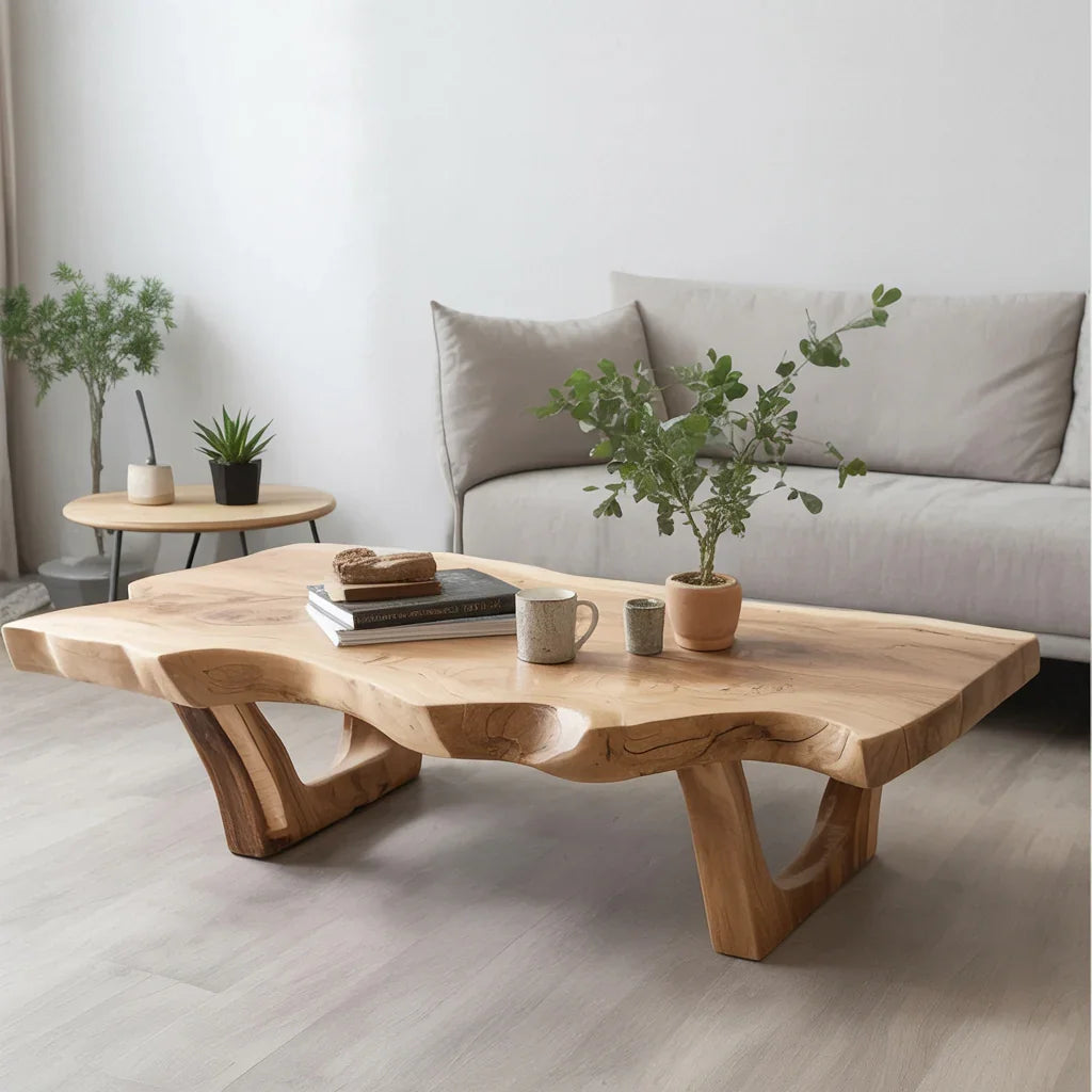 Live edge solid wood coffee table in modern living room with plants and sofa