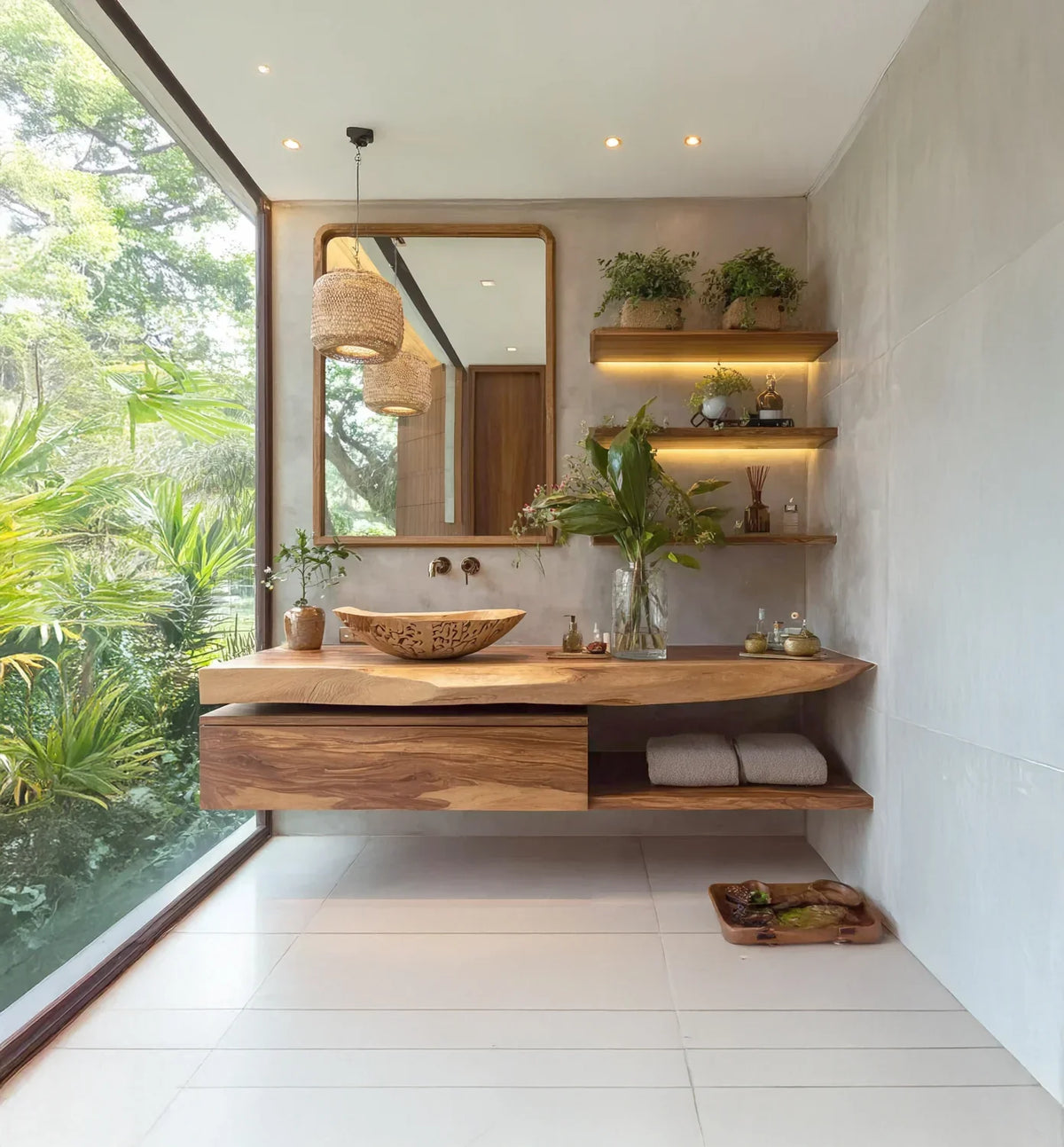 Modern bathroom with wooden vanity, carved sink, hanging wicker lamp, green plants, and large glass window