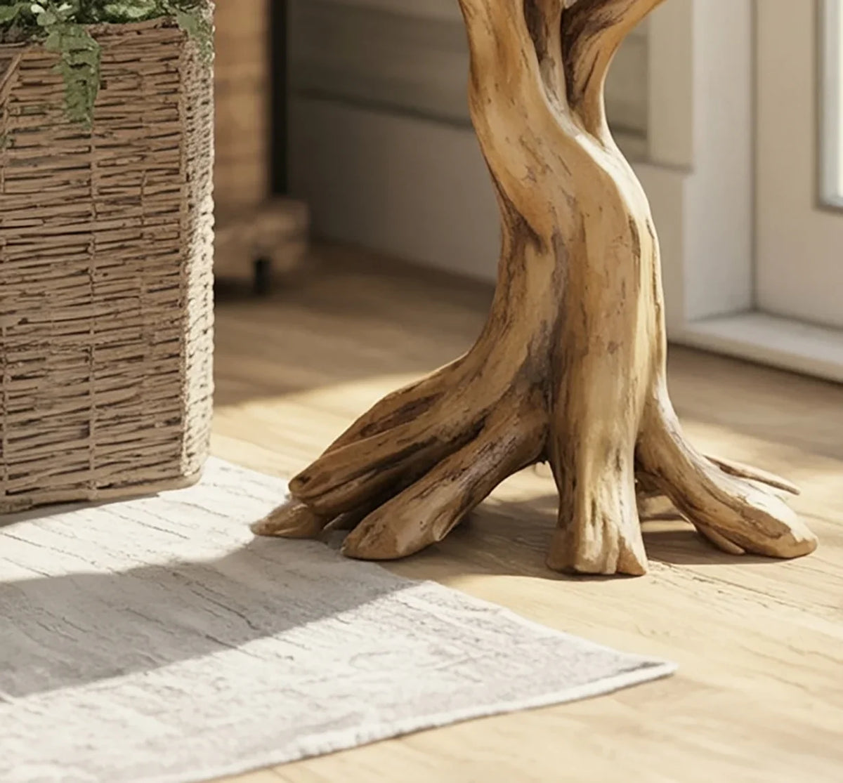 Solid wood tree root table base beside woven planter on wooden floor