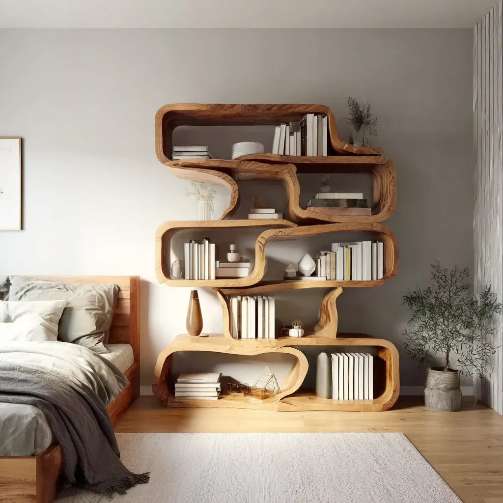 Modern bedroom with unique wooden organic-shaped bookshelf filled with books and decor beside a cozy bed