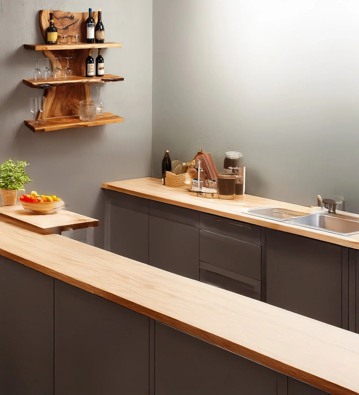 Modern kitchen with live edge floating shelves displaying bottles and glasses, solid wood countertops