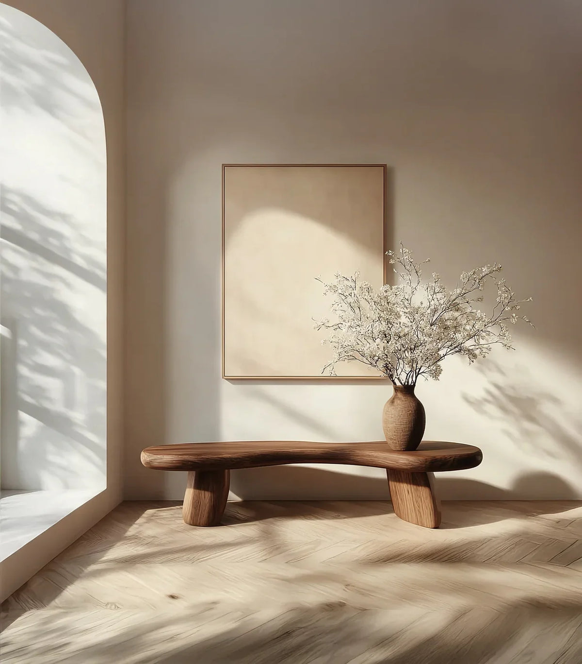 Minimalist interior with wooden bench, beige wall art, and vase with dried flowers in natural light