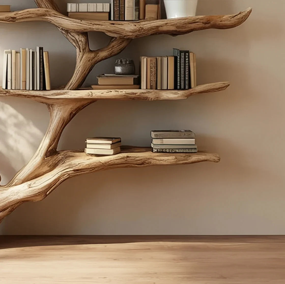 Organic wooden bookshelf shaped like tree branches with books and decorative items on light wall