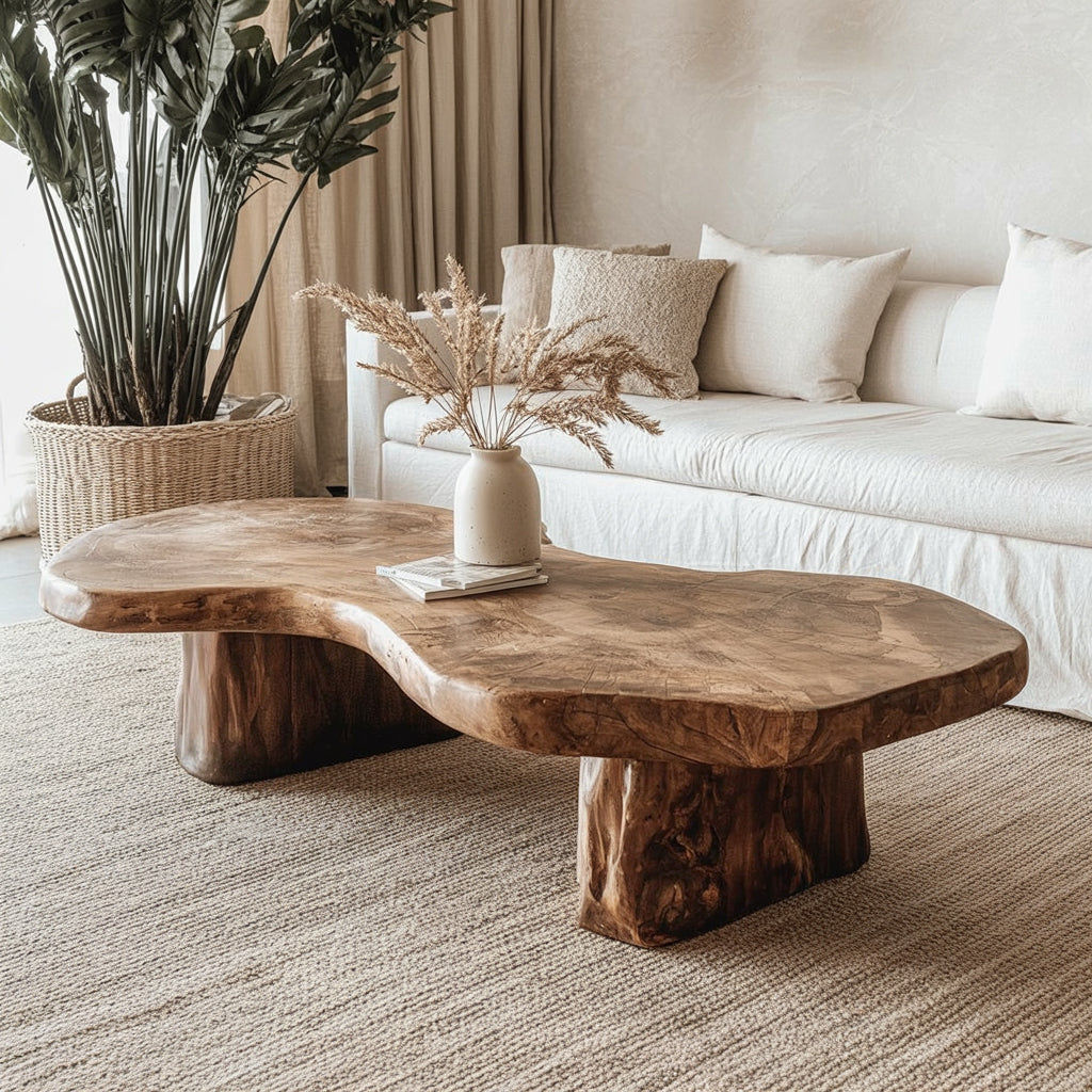 Live edge solid wood coffee table in a cozy, modern living room with neutral decor.