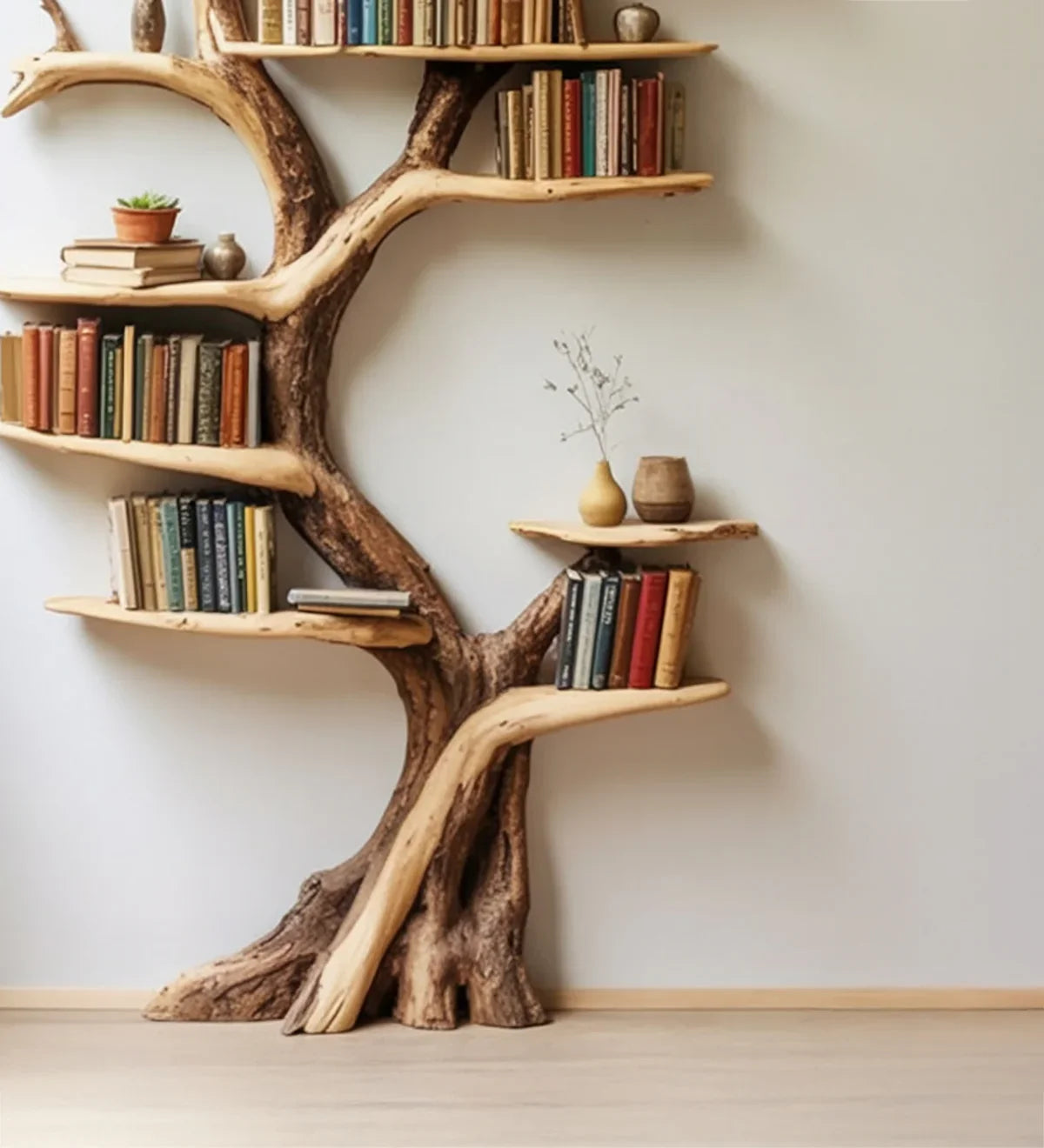 Unique tree-shaped wooden bookshelf with books and decorative vases in minimalist room