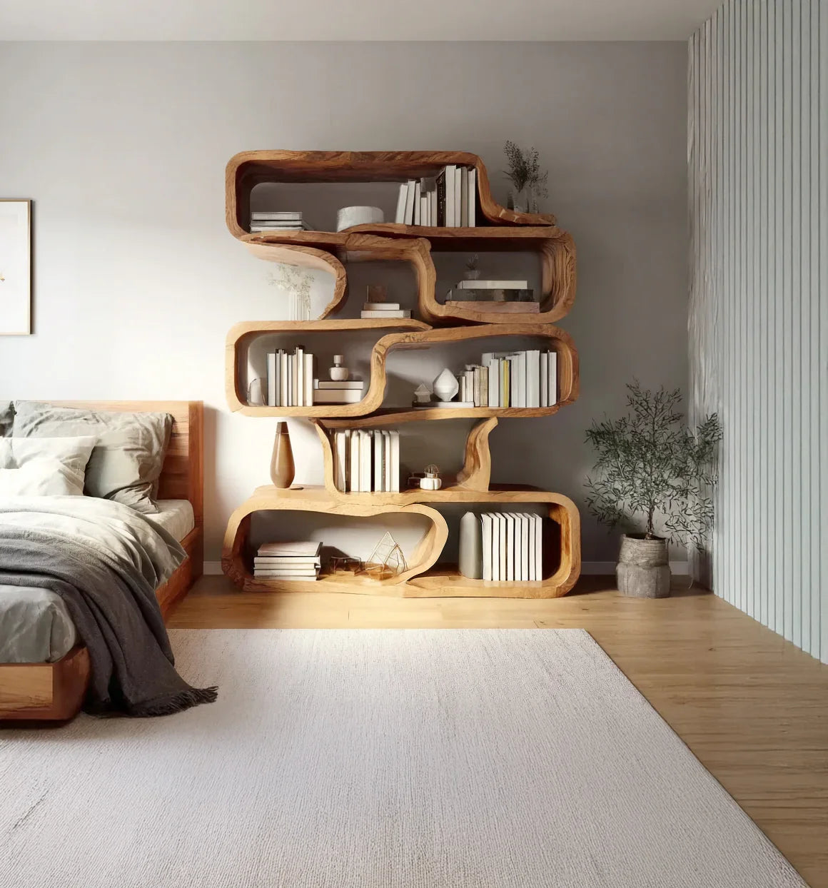 Modern bedroom with wooden bed and sculptural natural wood bookshelf filled with books and decor