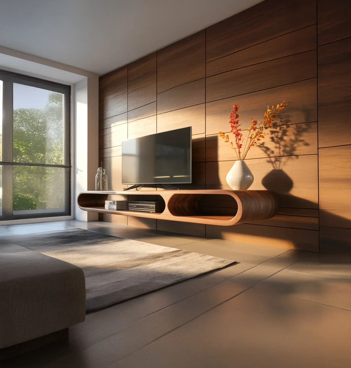 Modern living room with wall-mounted wooden TV unit, flat screen TV, and decorative vase with flowers