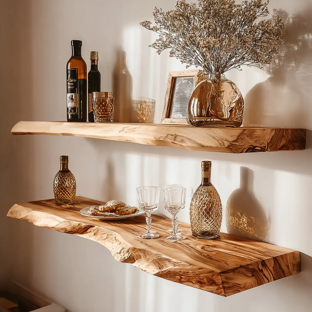 Two rustic natural wood floating shelves with glass bottles, drinking glasses, cookies, and dried flowers in a glass vase