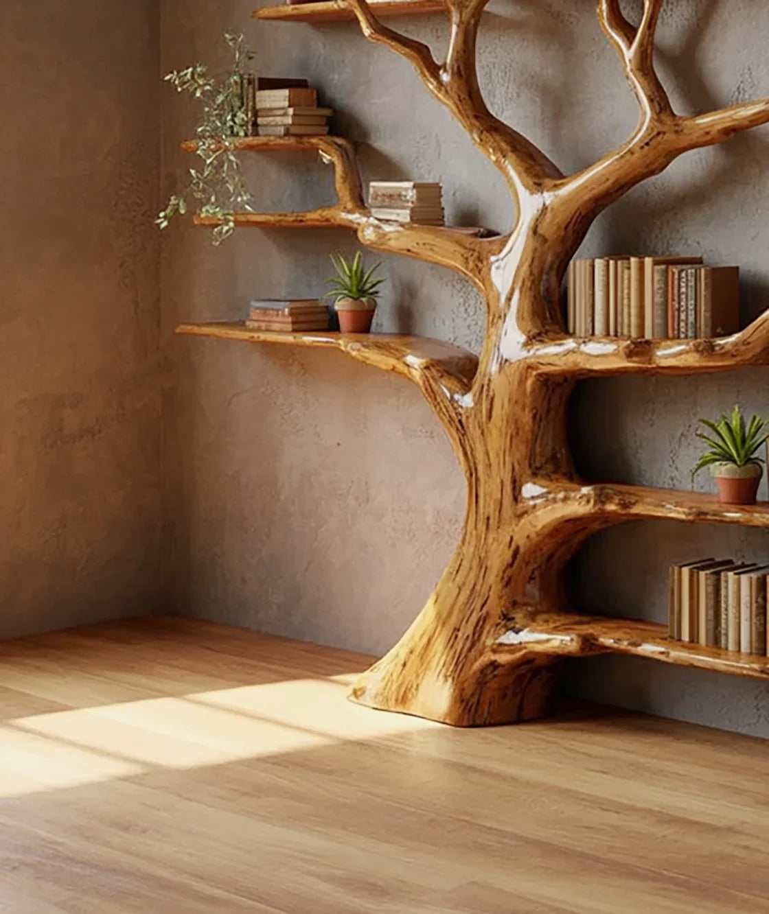 Tree-shaped wooden bookshelf with books and small potted plants in a sunlit room