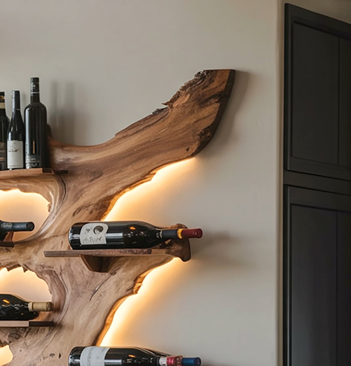 Rustic wood wall-mounted wine rack with LED backlighting holding multiple wine bottles in modern kitchen