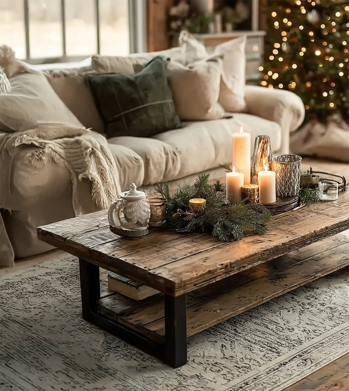Rustic wooden coffee table with lit candles and greenery centerpiece in cozy living room with beige sofa and Christmas tree