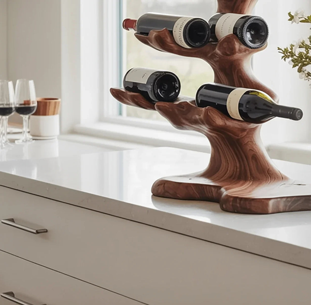 Live edge solid wood wine rack with bottles on modern kitchen countertop