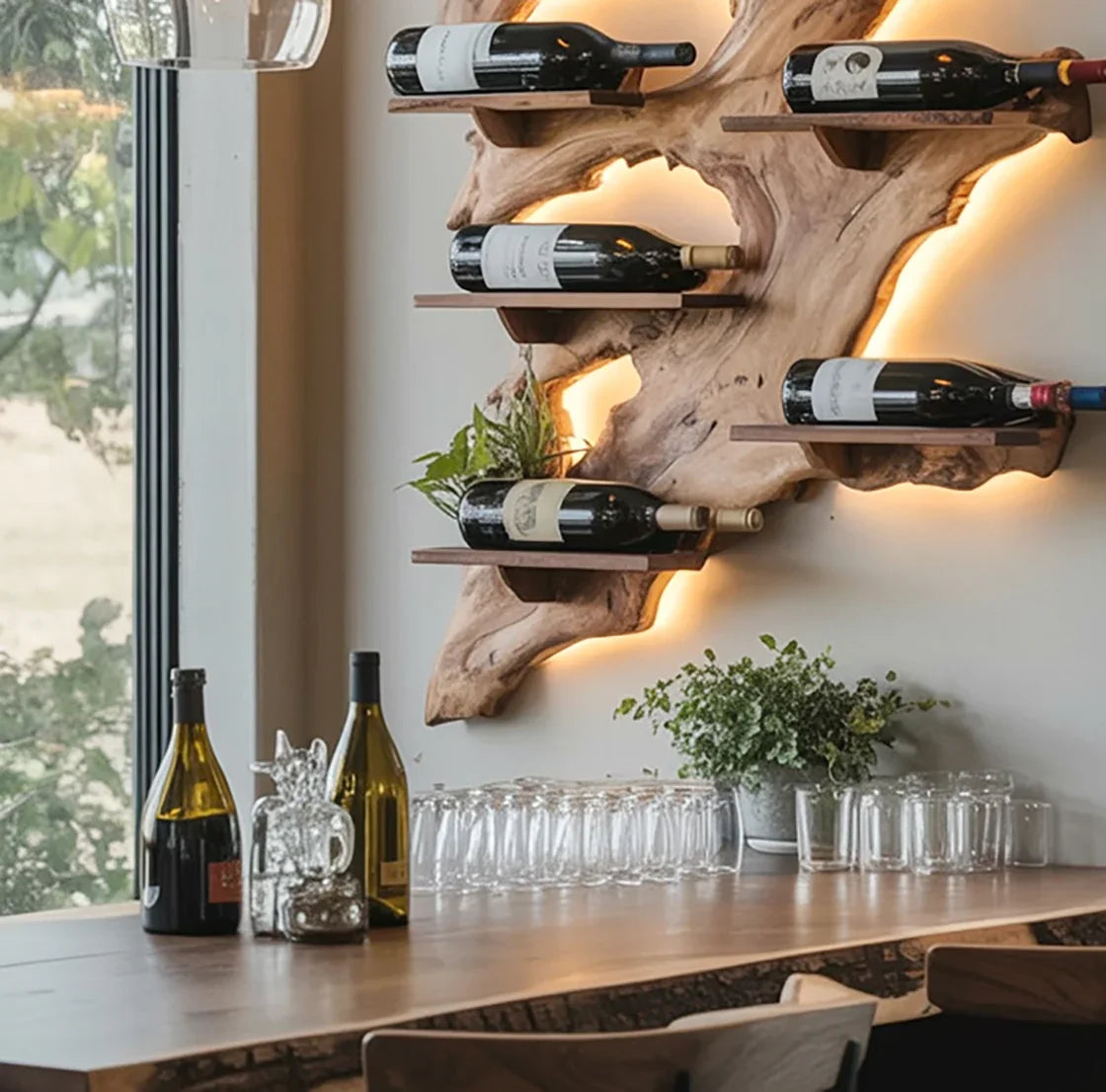 Wooden wine rack with bottles and glassware on bar counter near window and indoor plants