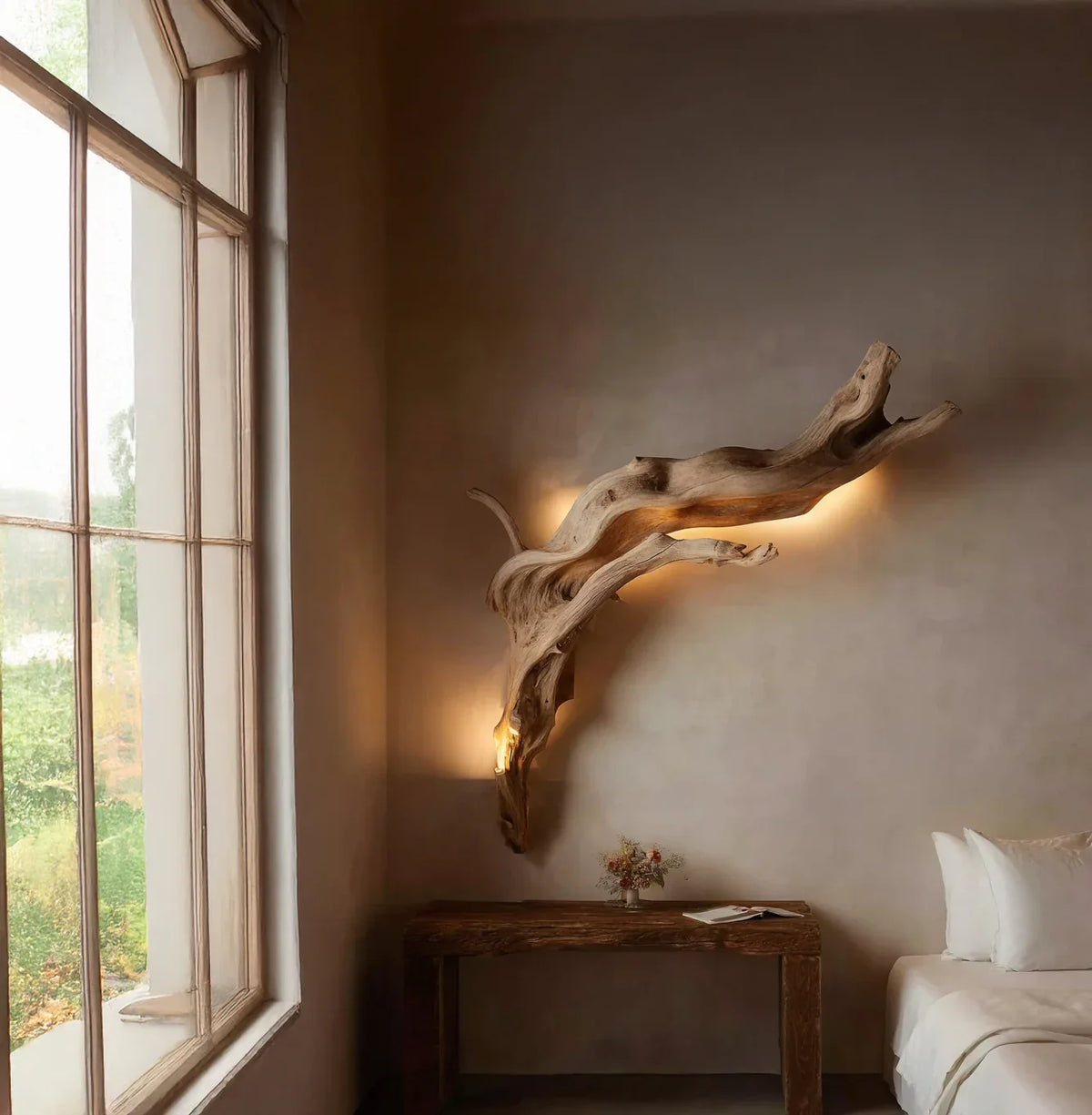 Rustic bedroom corner with unique driftwood wall light, wooden table, dried flowers, and large window