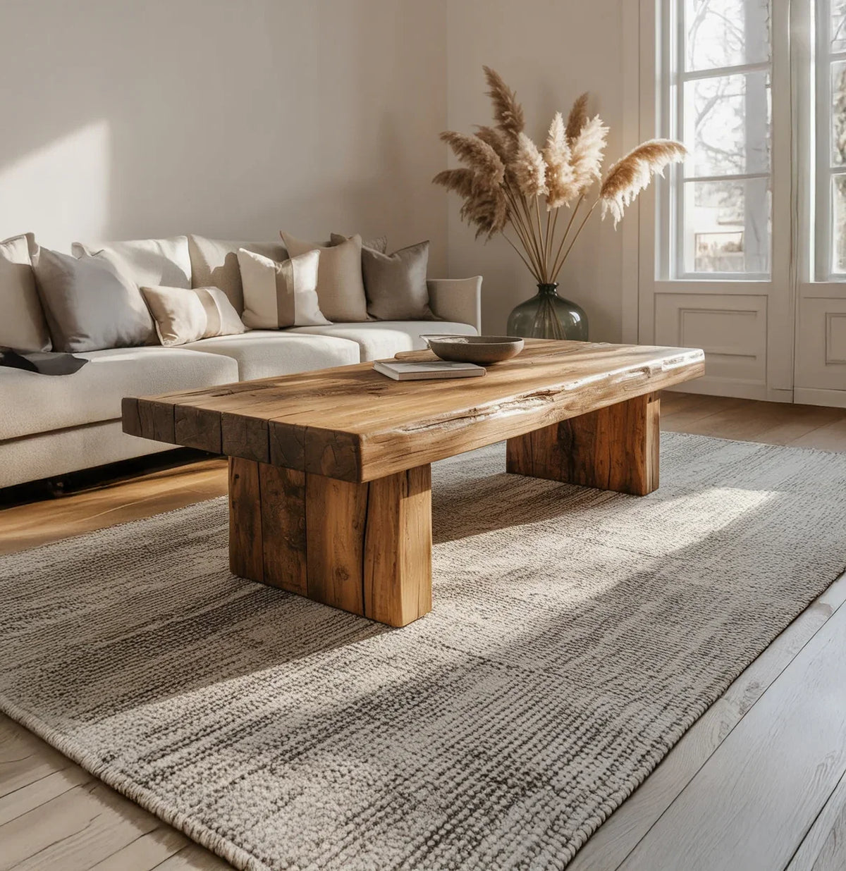 Solid wood live edge coffee table in modern living room with neutral sofa and pampas grass decor