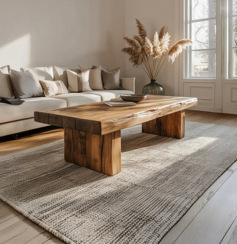 Solid wood live edge coffee table in modern living room with neutral sofa and pampas grass decor