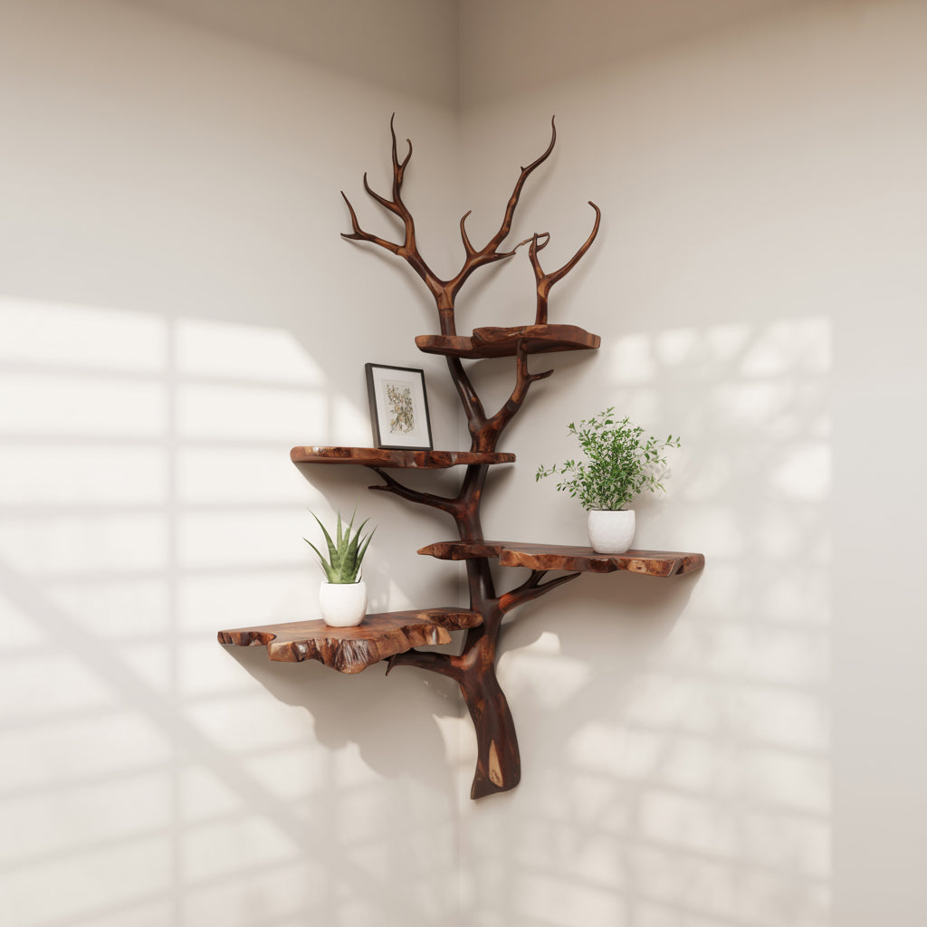 Corner Live Edge Shelf – Driftwood Tree Branch Floating Bookshelf