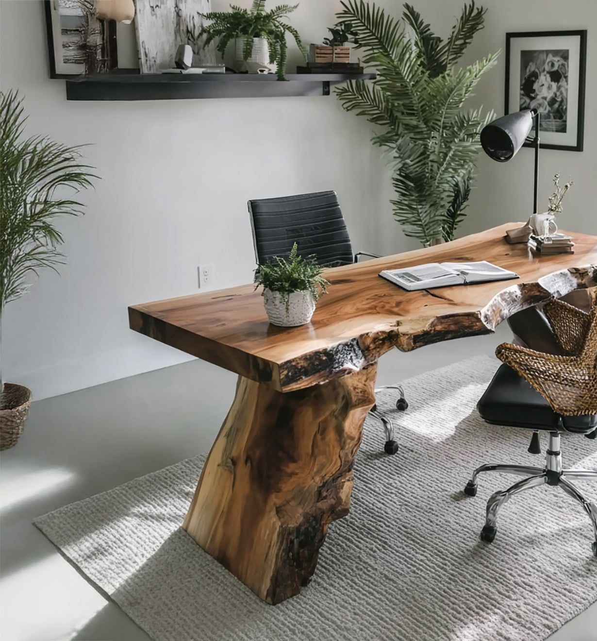 Modern office with live edge wooden desk, black chairs, plants, and cozy gray rug