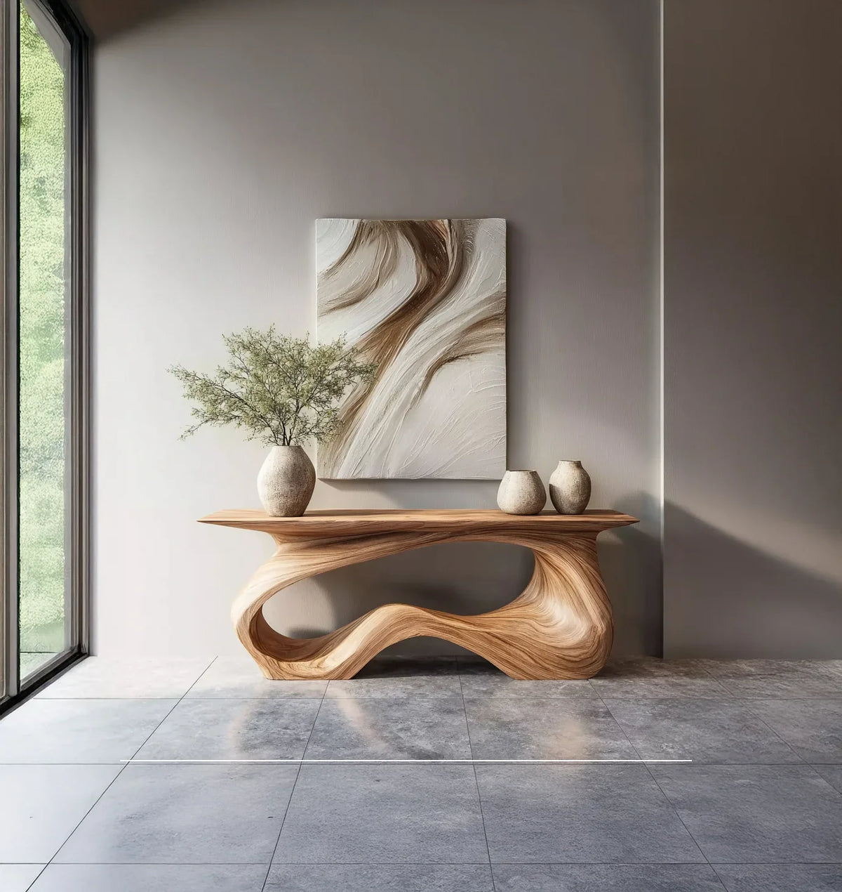 Modern wooden console table with flowing design, decorative vases, and abstract wall art in bright room