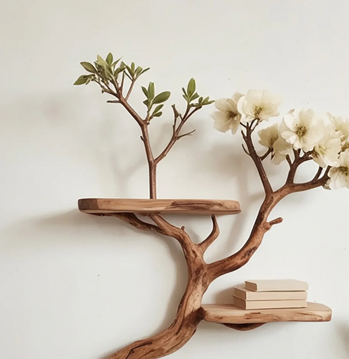 wooden wall shelf shaped like a tree branch with green leaves and white flowers, holding books
