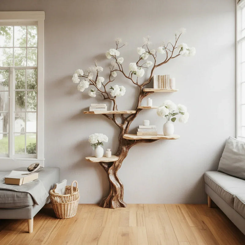 Sustainably crafted tree bookshelf with live edge wooden shelves, decorated with books and vases in a bright living room.