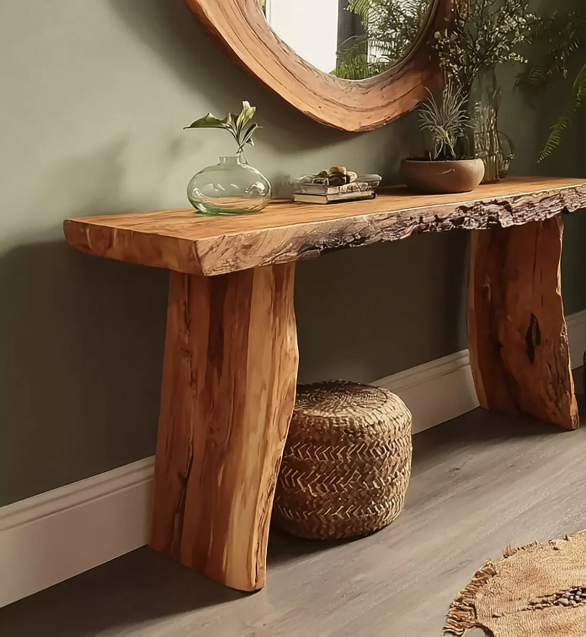 Rustic live edge wooden console table with decorative glass vase, round mirror, and greenery