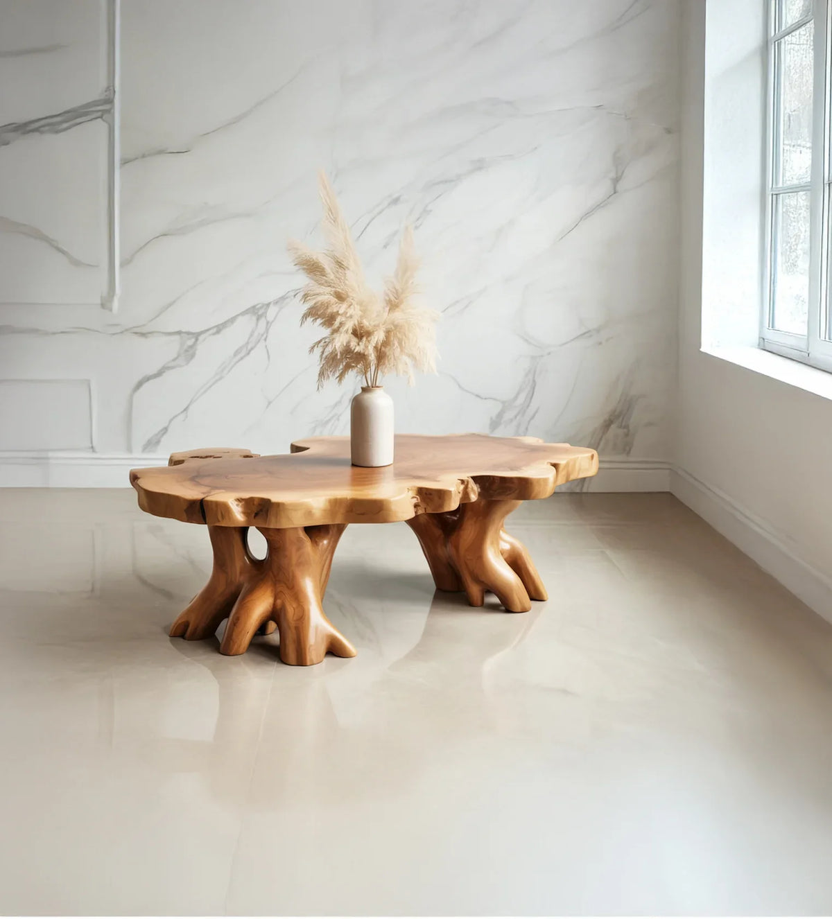 Live edge solid wood coffee table with natural finish in bright modern living room