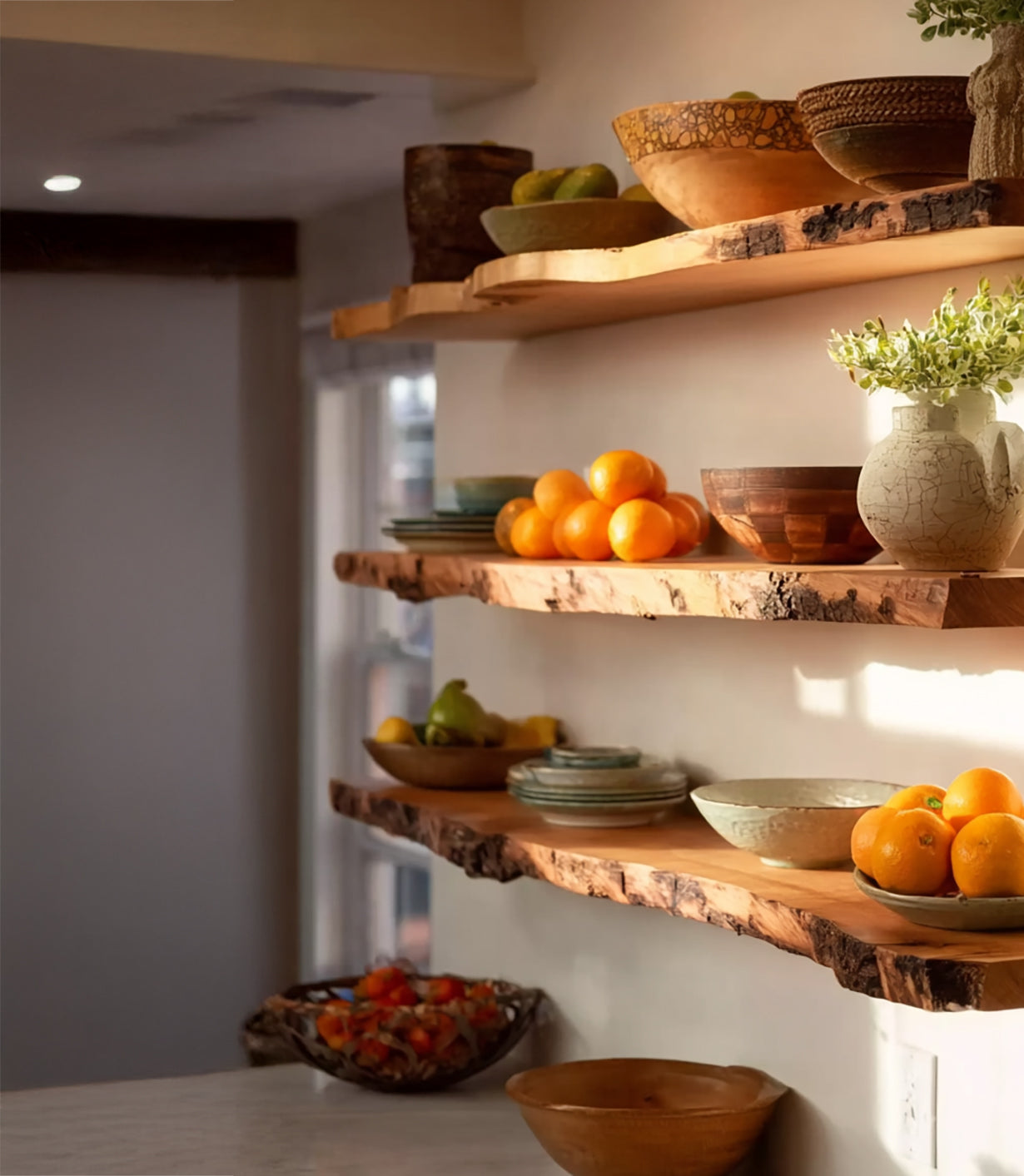rustic kitchen shelves with fresh oranges, pears, wooden bowls, pottery, and greenery in vase