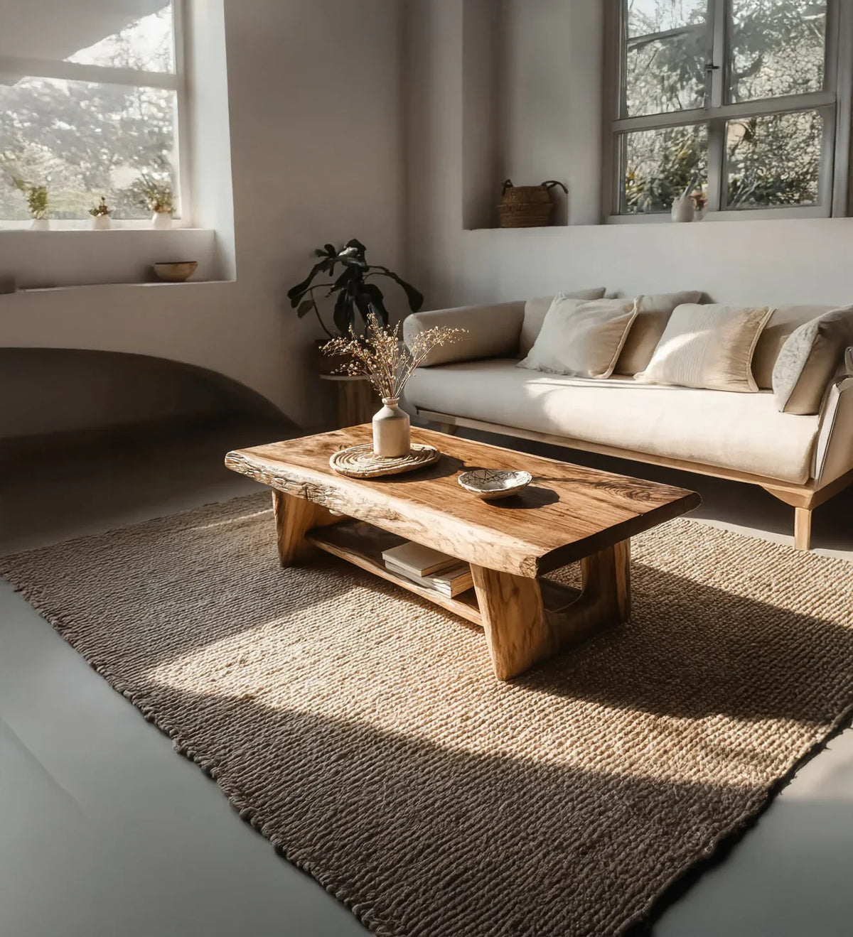 Cozy living room with beige sofa, wooden coffee table, natural woven rug, and indoor plants