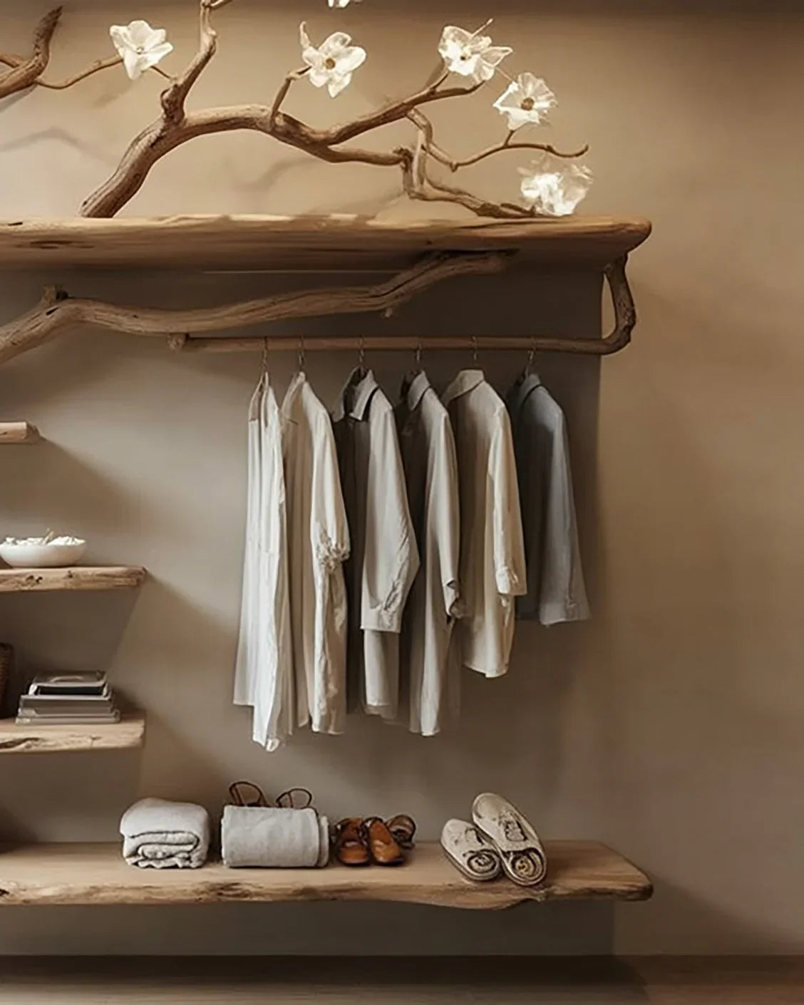 Live edge wood closet with hanging neutral shirts, floating shelves, and branch light decor