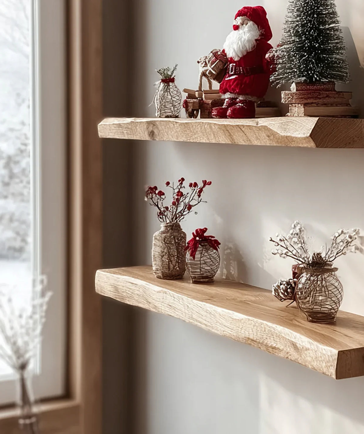 Wooden floating shelves decorated with Christmas ornaments including Santa figurine, faux tree, and festive vases