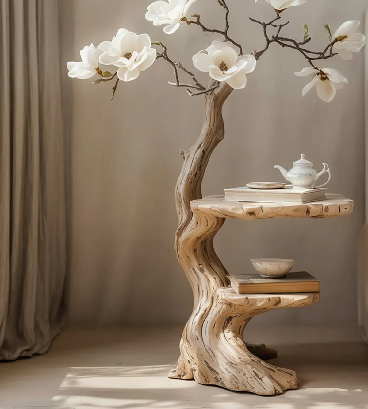 Sculpted solid wood side table with live edge and tree branch design, topped with white flowers