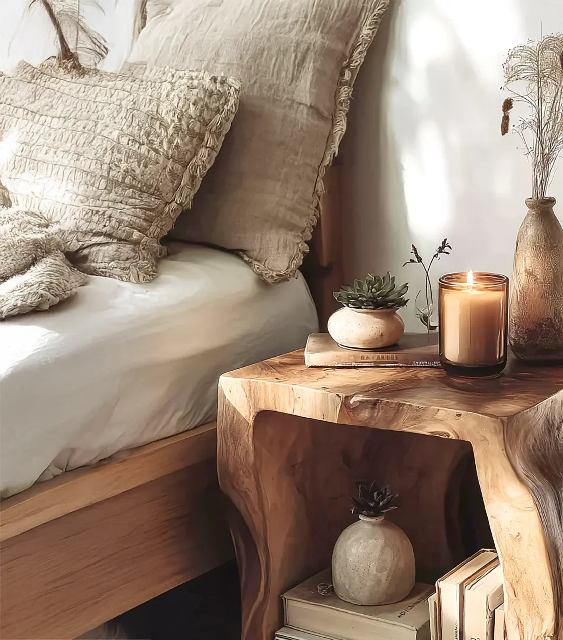 Cozy bedroom corner with textured pillows, wooden side table, lit candle, and decorative vases