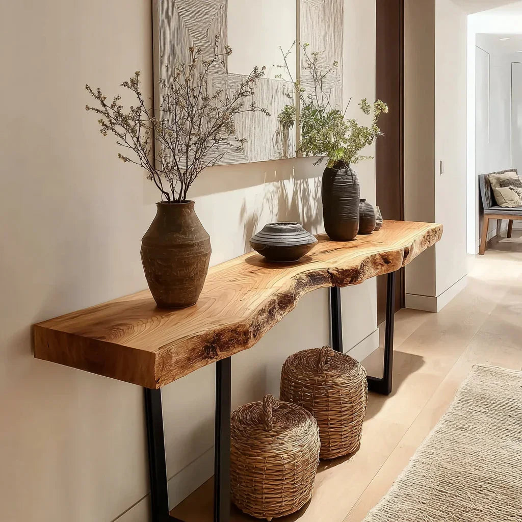 Live edge solid wood console table with vases and baskets in a modern hallway