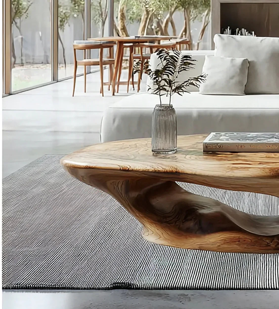 Live edge solid wood coffee table in modern living room with ribbed rug and glass vase