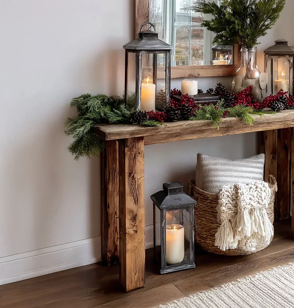 Rustic wooden console table decorated with lit candles, pinecones, greenery, and a basket with pillow and knit throw