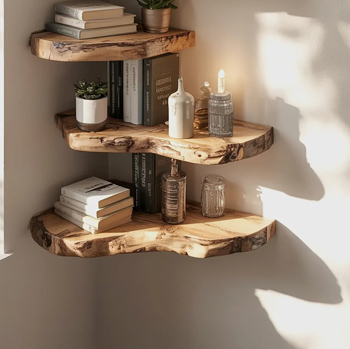 Rustic corner wooden shelves with books, potted plants, glass jars, and decorative bottles lit by soft natural light