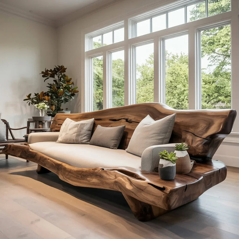 Live edge solid wood sofa with beige cushions in modern living room by large windows