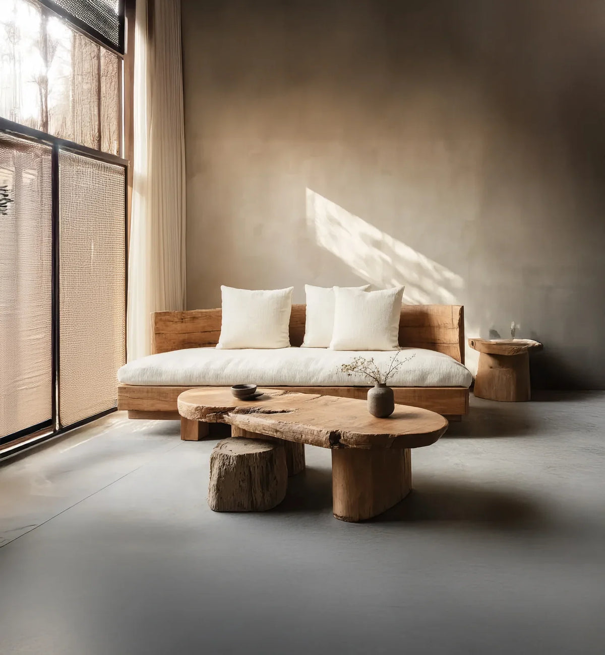 Minimalist living room with solid wood live edge coffee table, rustic wooden sofa, and natural light.
