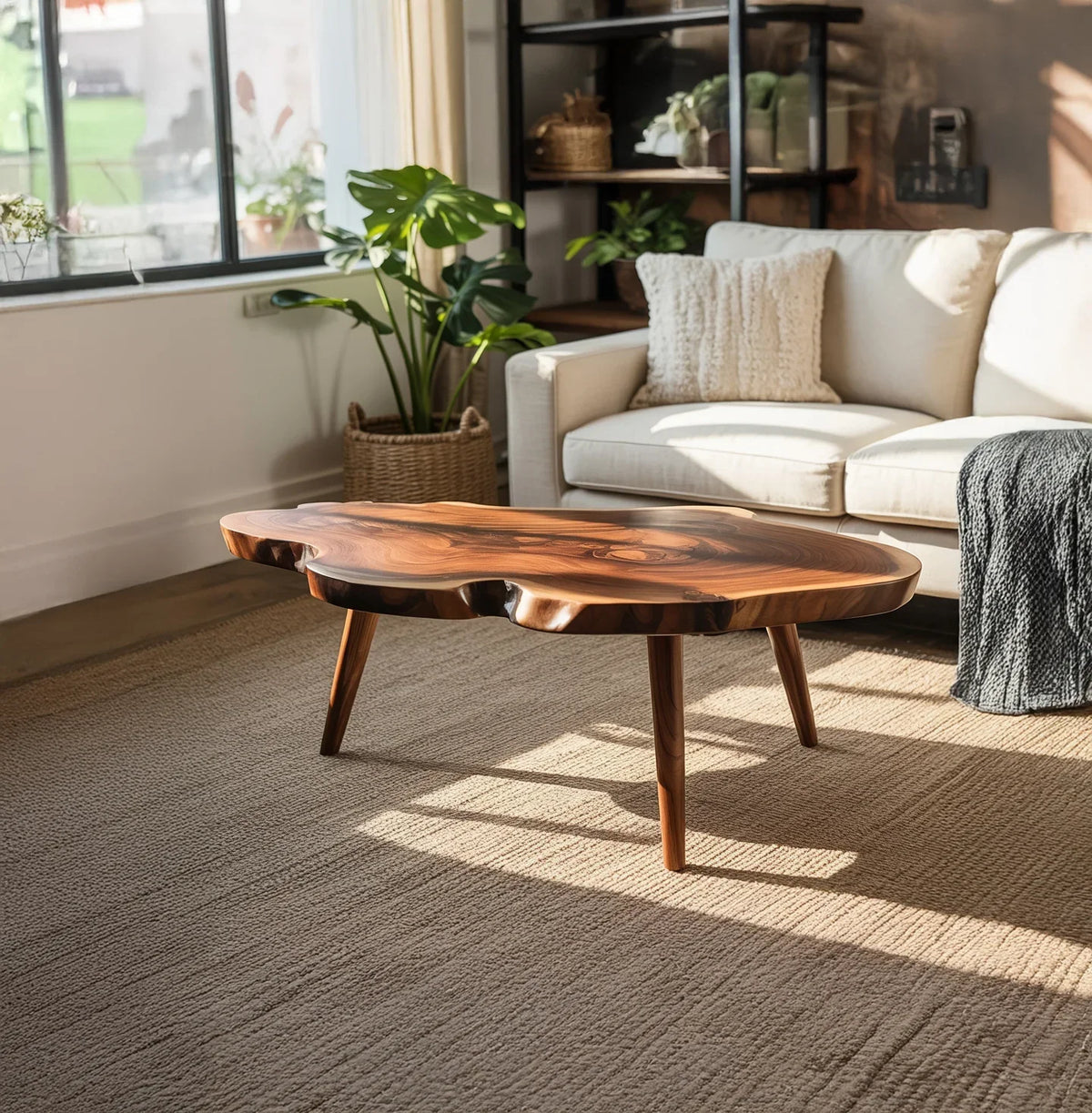 Live edge solid wood coffee table in sunlit living room with modern decor