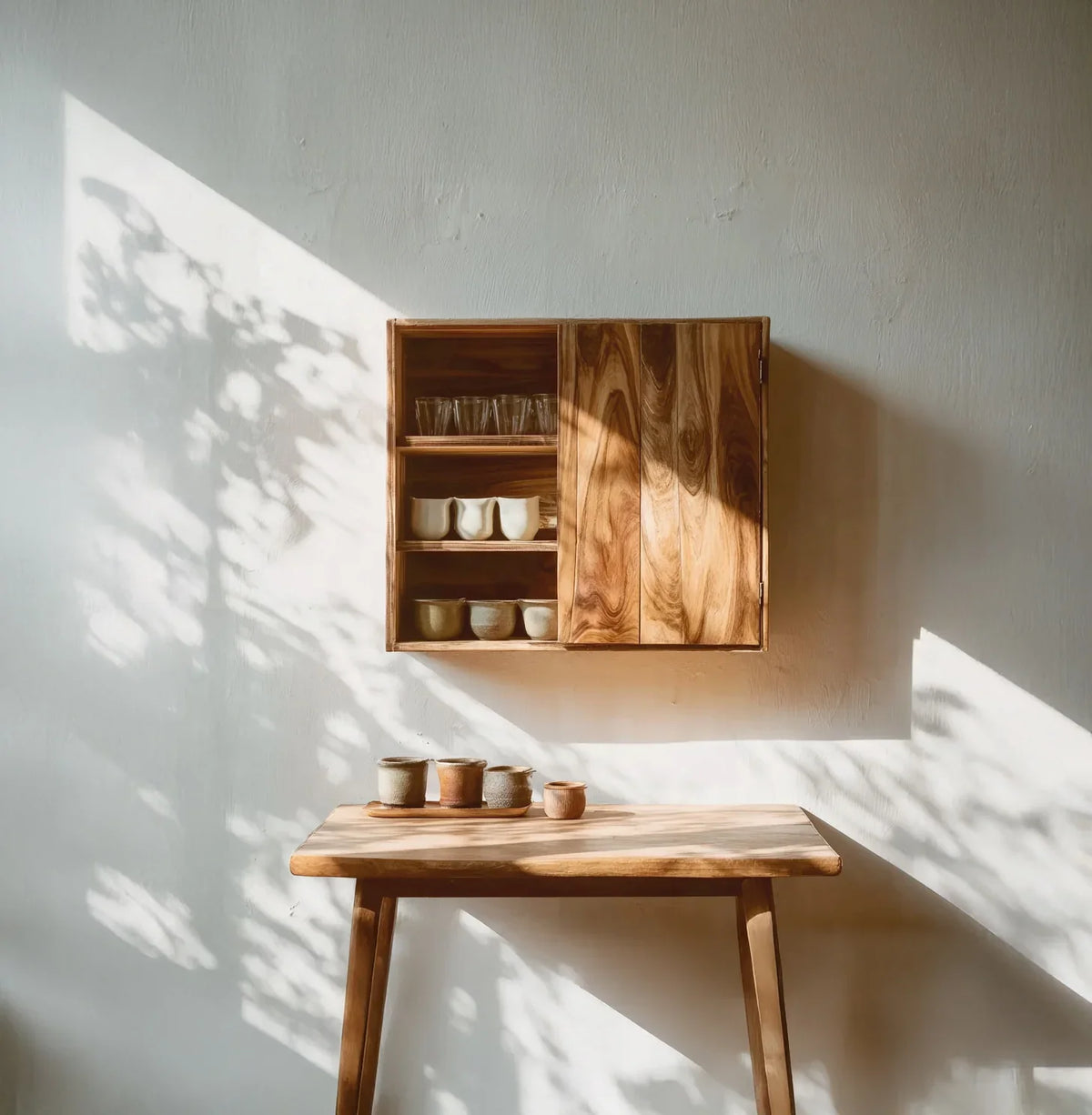 Solid wood floating shelf cabinet and matching table with ceramic cups in natural sunlight