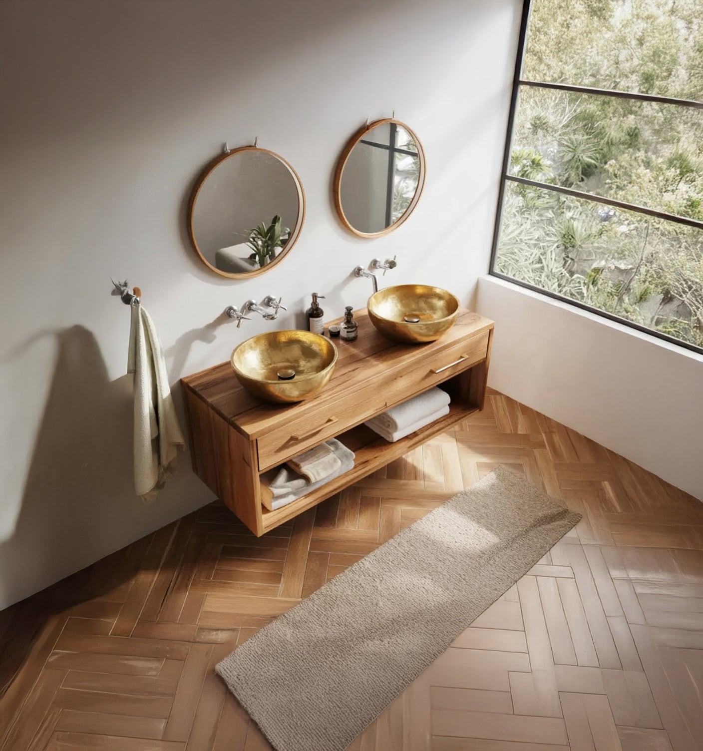 Modern bathroom with live edge solid wood vanity, twin gold vessel sinks, large windows, and round mirrors