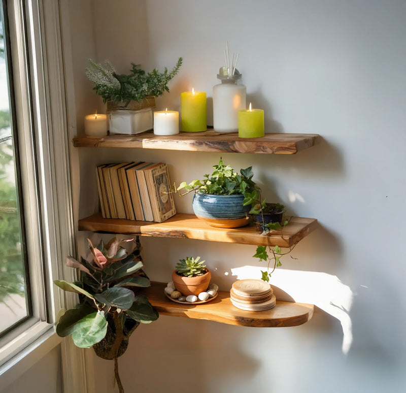 Live edge wooden floating shelves with candles, potted plants, and books by a window