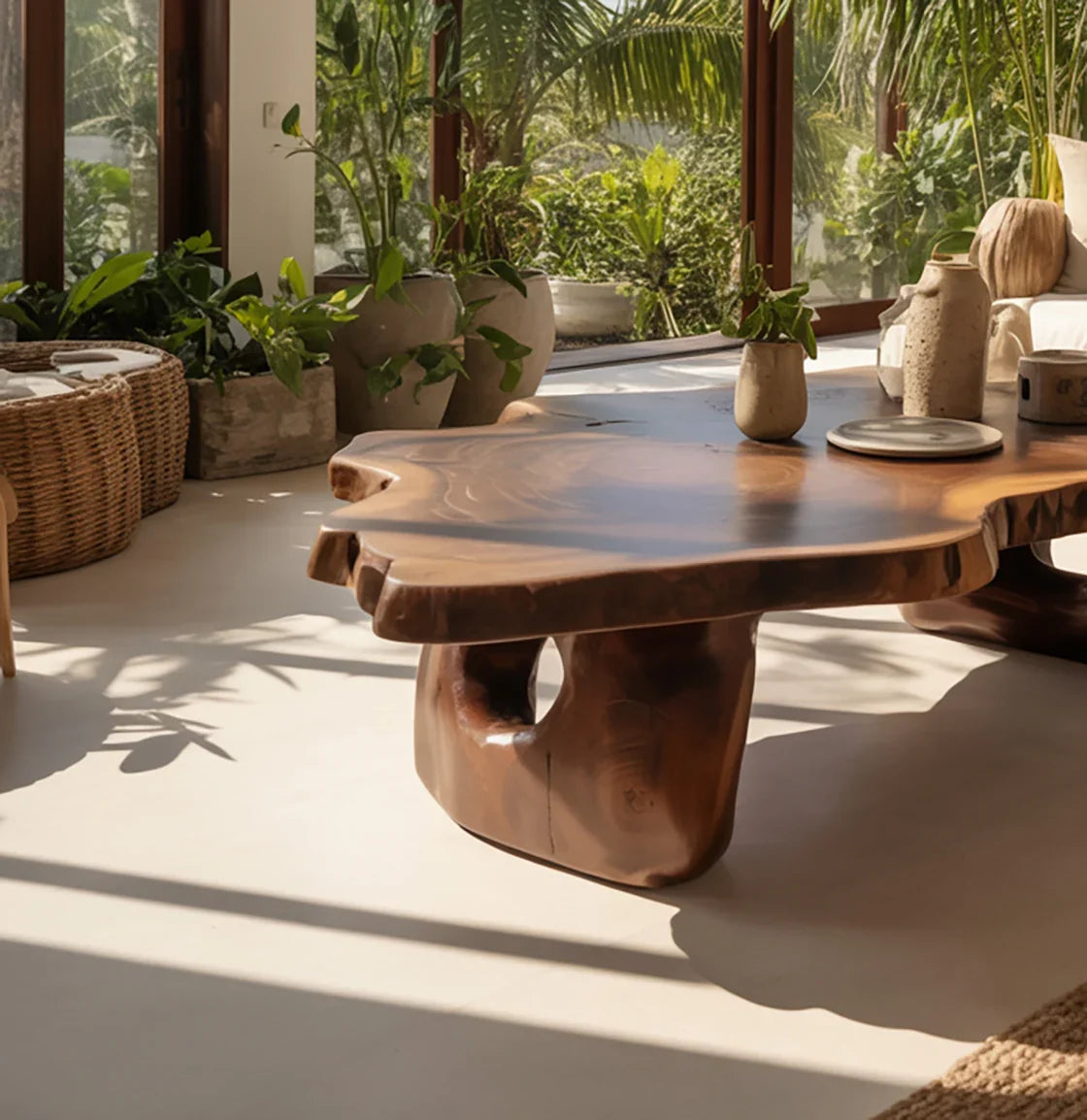 Natural wood coffee table with ceramic decor in a bright living room with plants and large windows