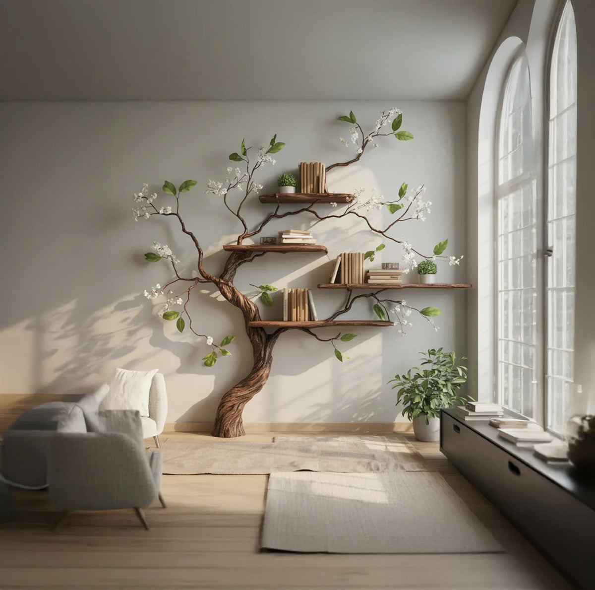 Tree-shaped wooden bookshelf with books and plants in a bright modern living room