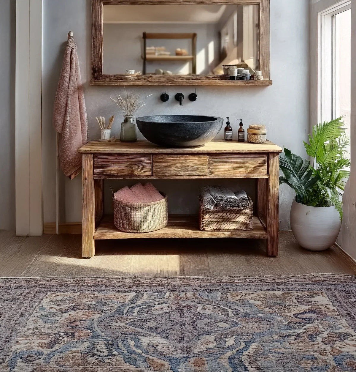 Rustic solid wood bathroom vanity with vessel sink, mirror, and boho decor.