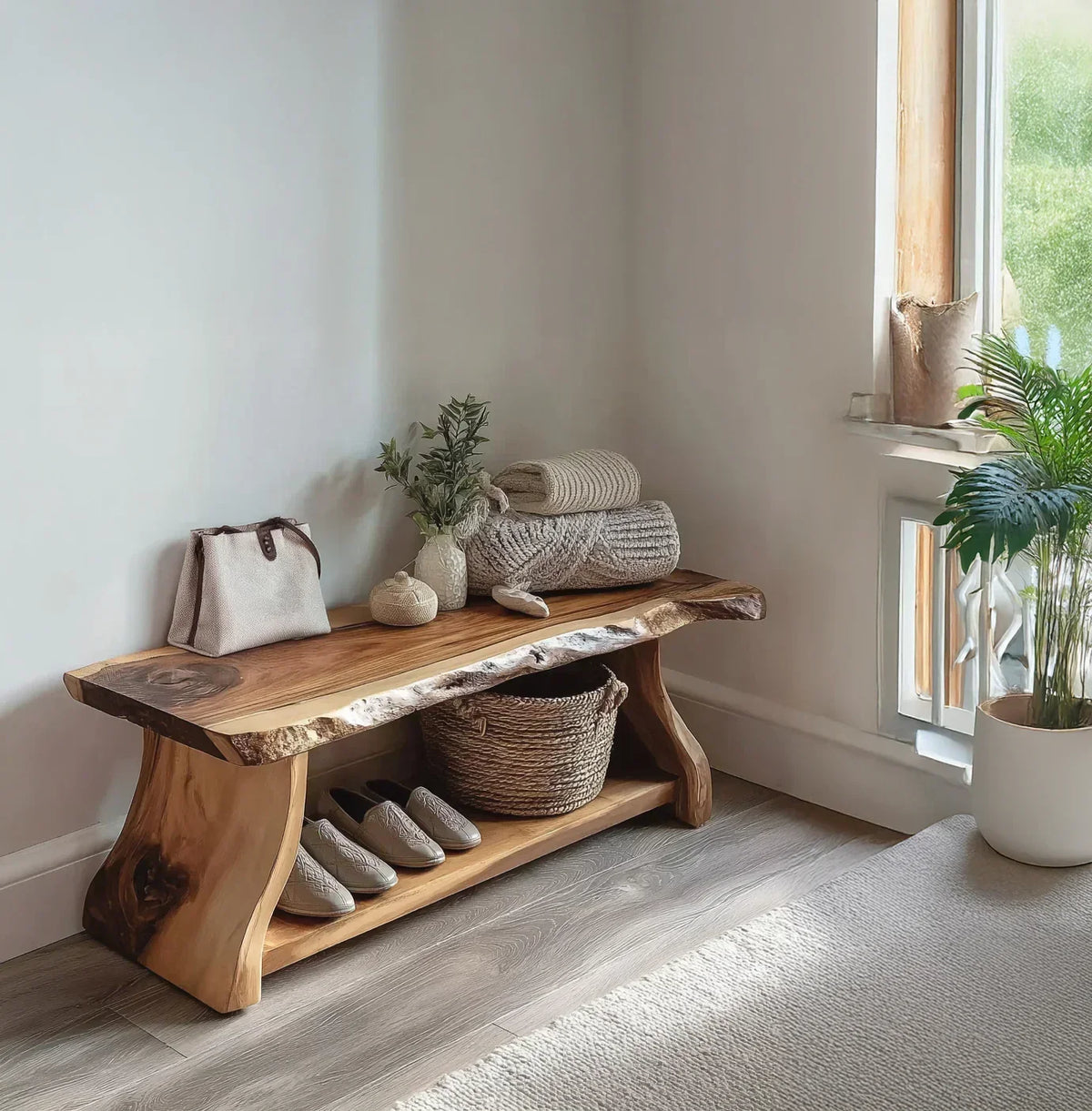 Live edge solid wood bench with shelf, shoes, baskets, and decor in bright entryway