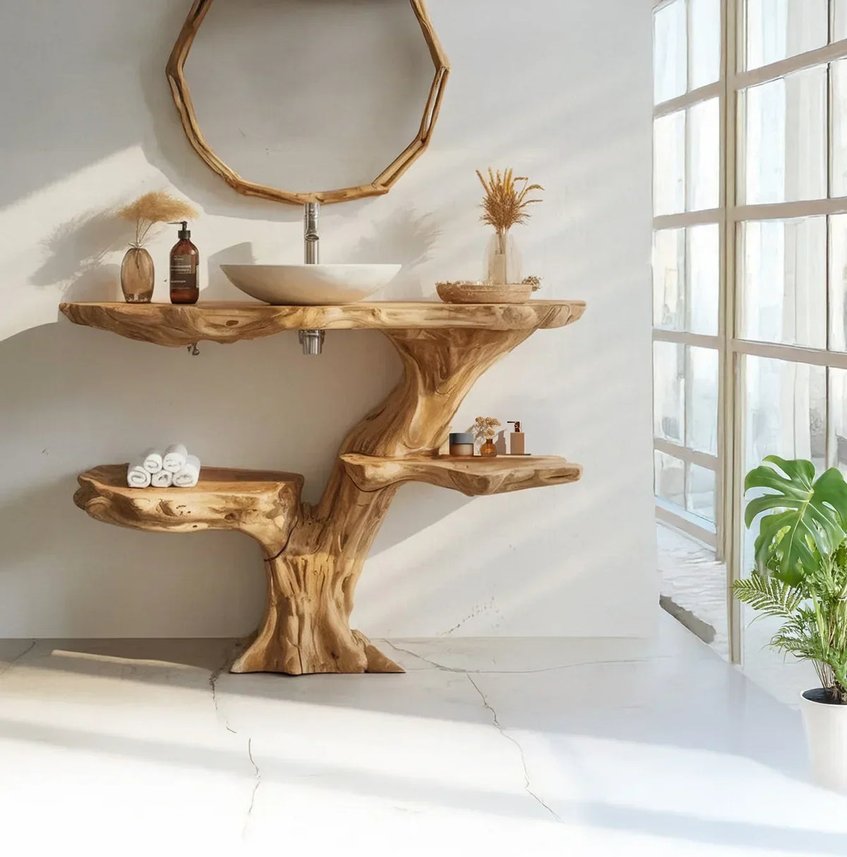 Live edge solid wood bathroom vanity with vessel sink and natural decor in sunlit room